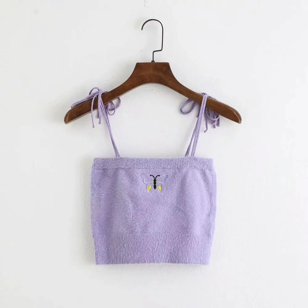 Женский винтажный укороченный топ с вышивкой бабочки летний пикантный пушистый