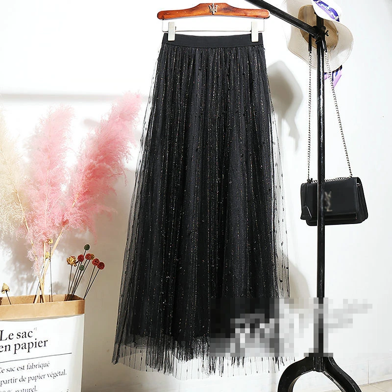 

2021 Spring Summer Sweet Kawaii Elegant Three-layer Mesh Midi Skirts Women Elastic Waist Beaded Pleated Skirt Jupe Femme Y909