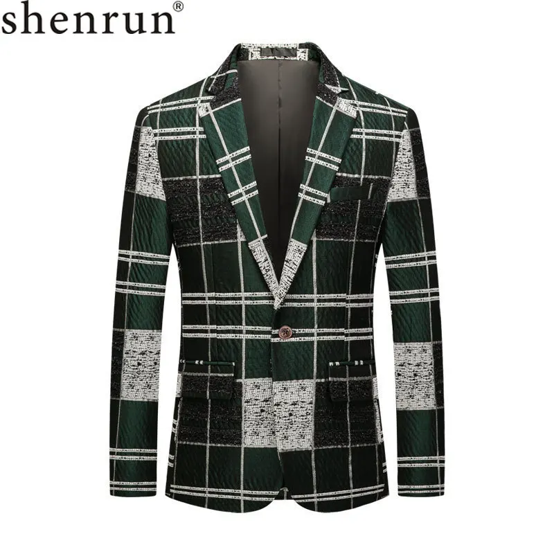 Shenrun мужские блейзеры зеленые хлопковые молодежные модные куртки клетчатый