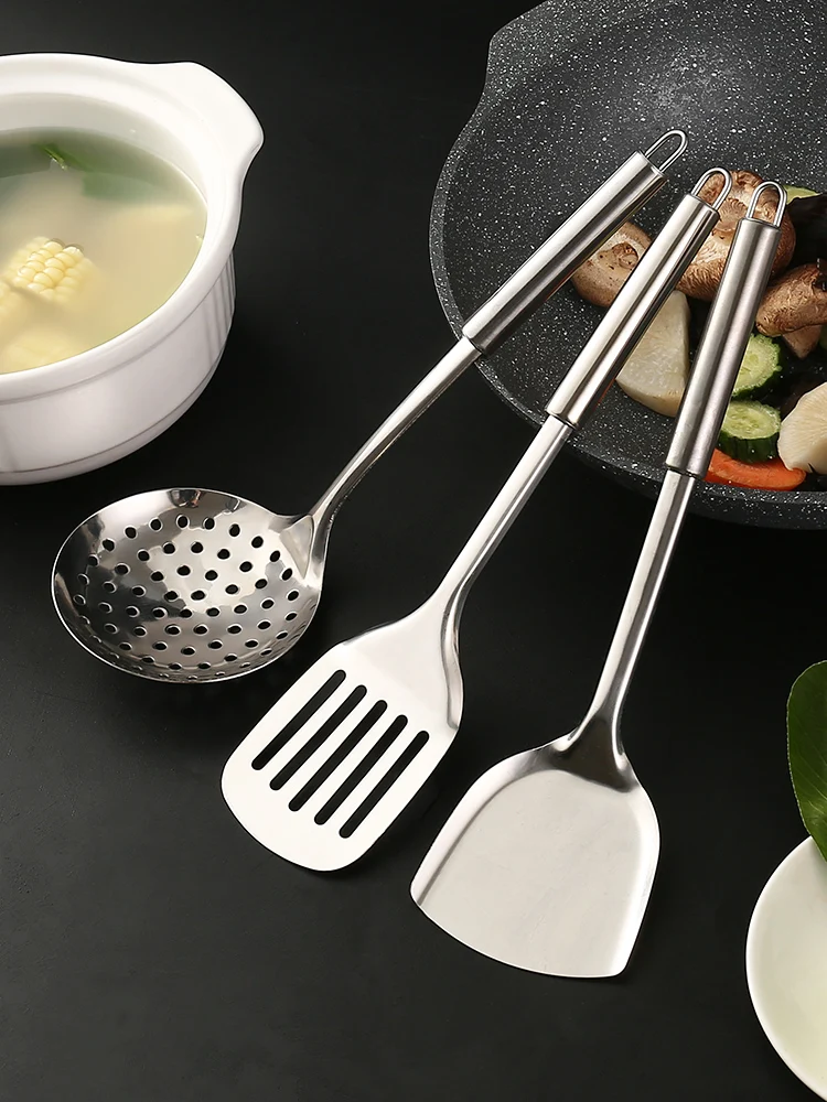 Кухонная лопатка из нержавеющей стали, утолщенная кухонная лопатка с защитой от ожогов, дуршлаг, ложка для супа, кухонная утварь с длинной р...