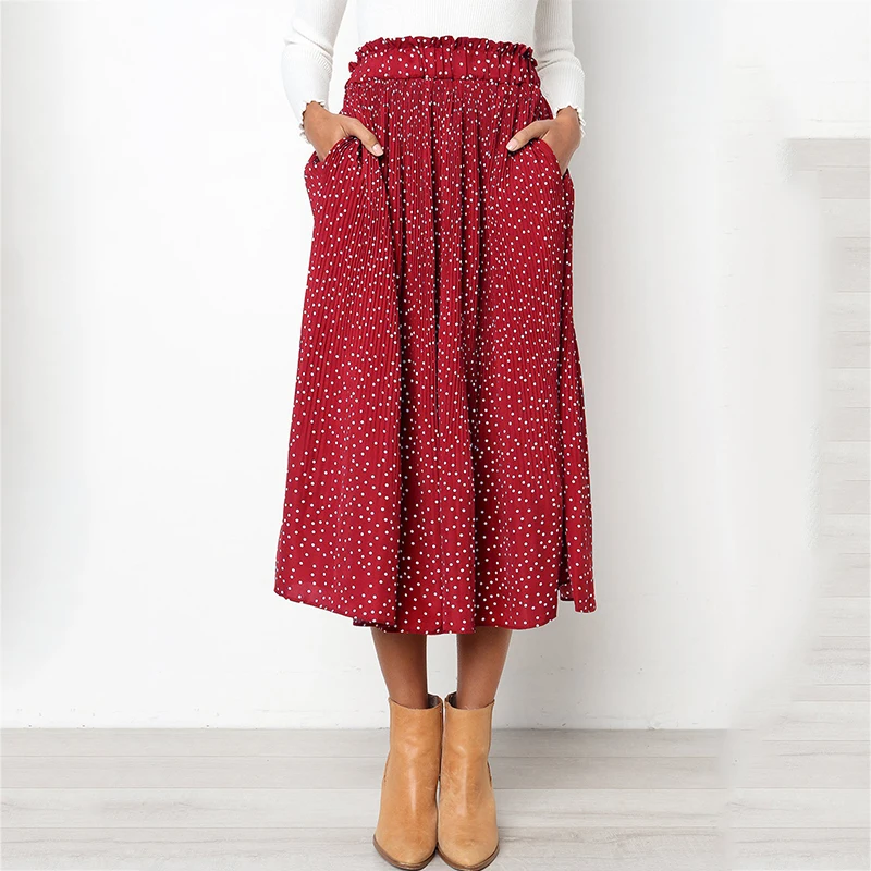 

Women Elastic High Waist Side Pockets Skirts Spring Summer White Dots Floral Print Pleated Midi Skirt Elegant Female Bottom