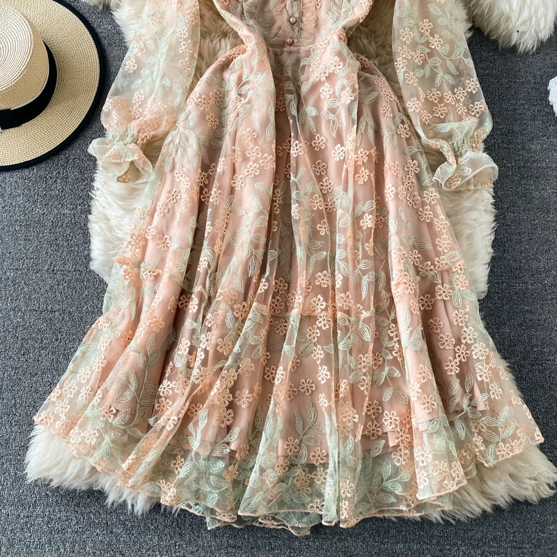 

French Floral Embroidery Party Dress Long Sleeve Mesh Embroided Dresses Lantern Sleeve Sweet High Waist Long Dress Vestido 2021