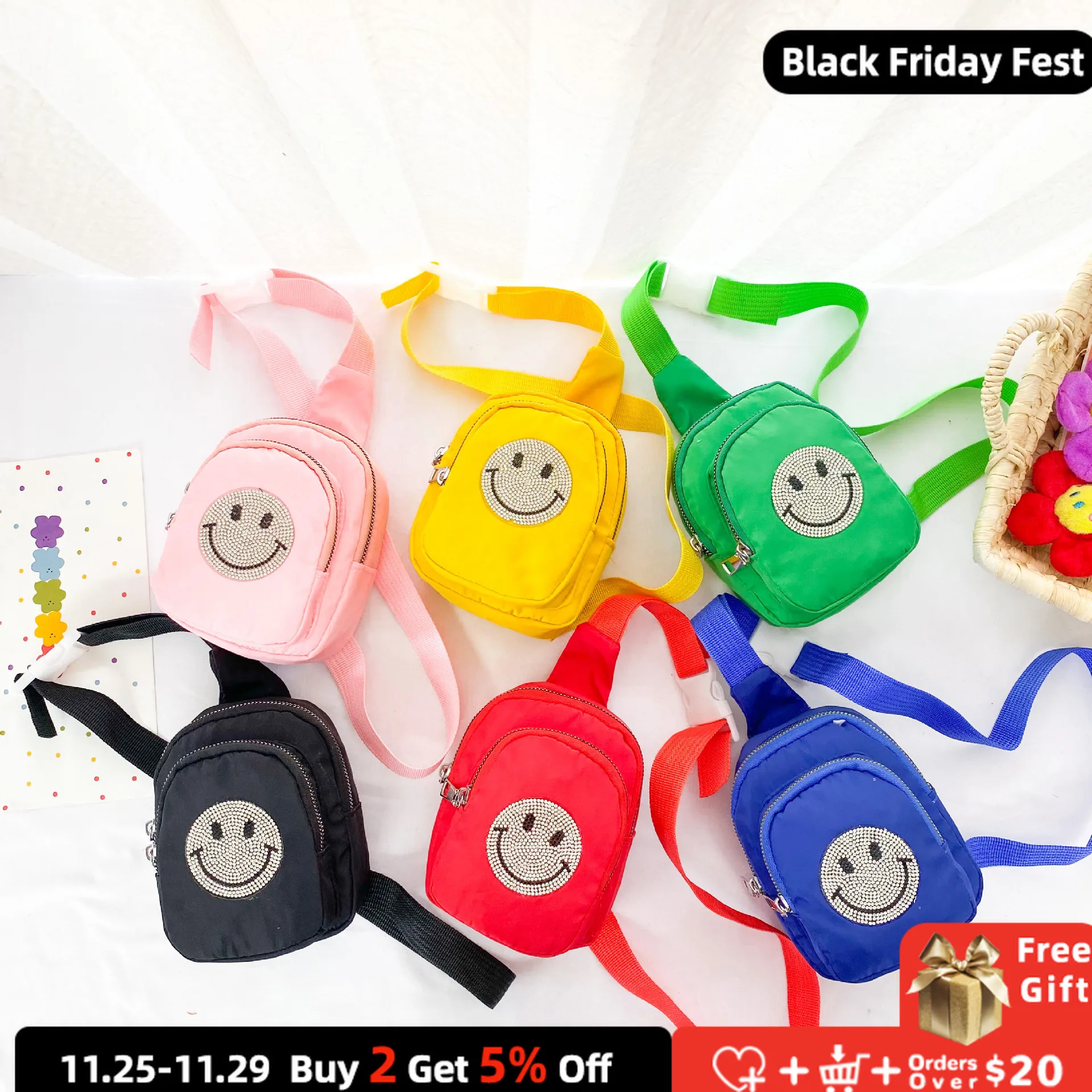 

Diamond Smiley Children's Messenger Bag Cartoon Print Boys Kids Small Shoulder Bags Nylon Chest Bag Girls Coin Pouch Handbags