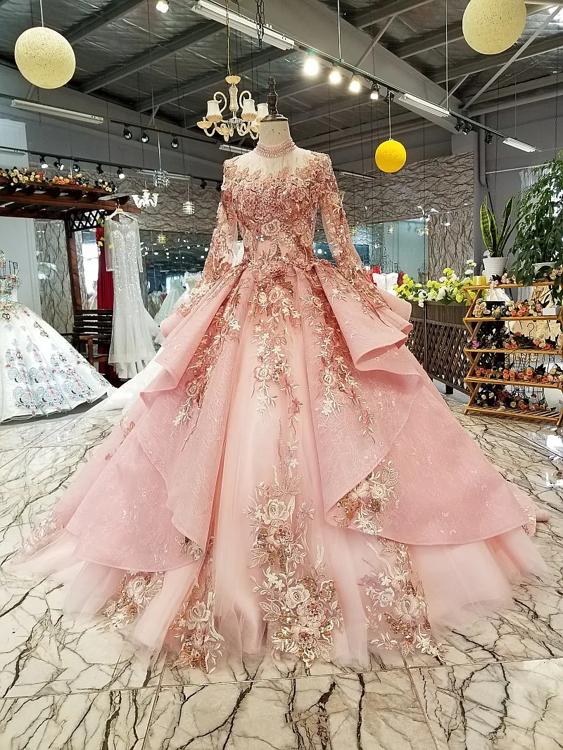 

AnXin SH luxury princess beading crystal pink lace high neck bride sparkly ruffles embroidery ball gown wedding dress 320400