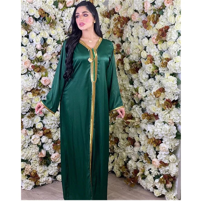 Арабские платья для женщин осень 2022 Золотая лента пэчворк V-образный вырез искусственная мусульманская Турецкая одежда Атлас