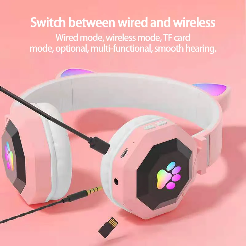 

Bluetooth 5.0 Over Ear Wireless Headset Luminous Cat Ears Music Sports Game Intelligent Noise Headphones For Mobile Phone PC