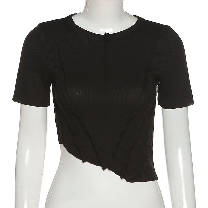 

Goth Dark Techwear Gothic Grunge Punk Women T-Shirts Cyber Y2k Black White Bodycon Short Sleeve Crop Tops Streetwear 2021 Summer