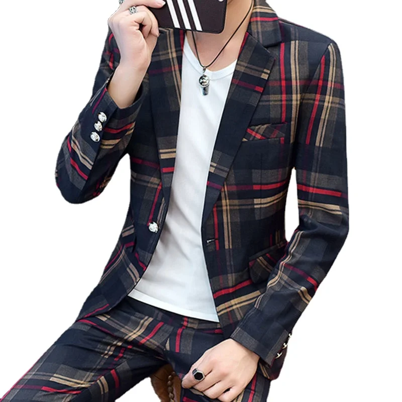 

Men's plaid suits Korean style slim handsome suit jacket pants three-piece fashion trend casual jacket