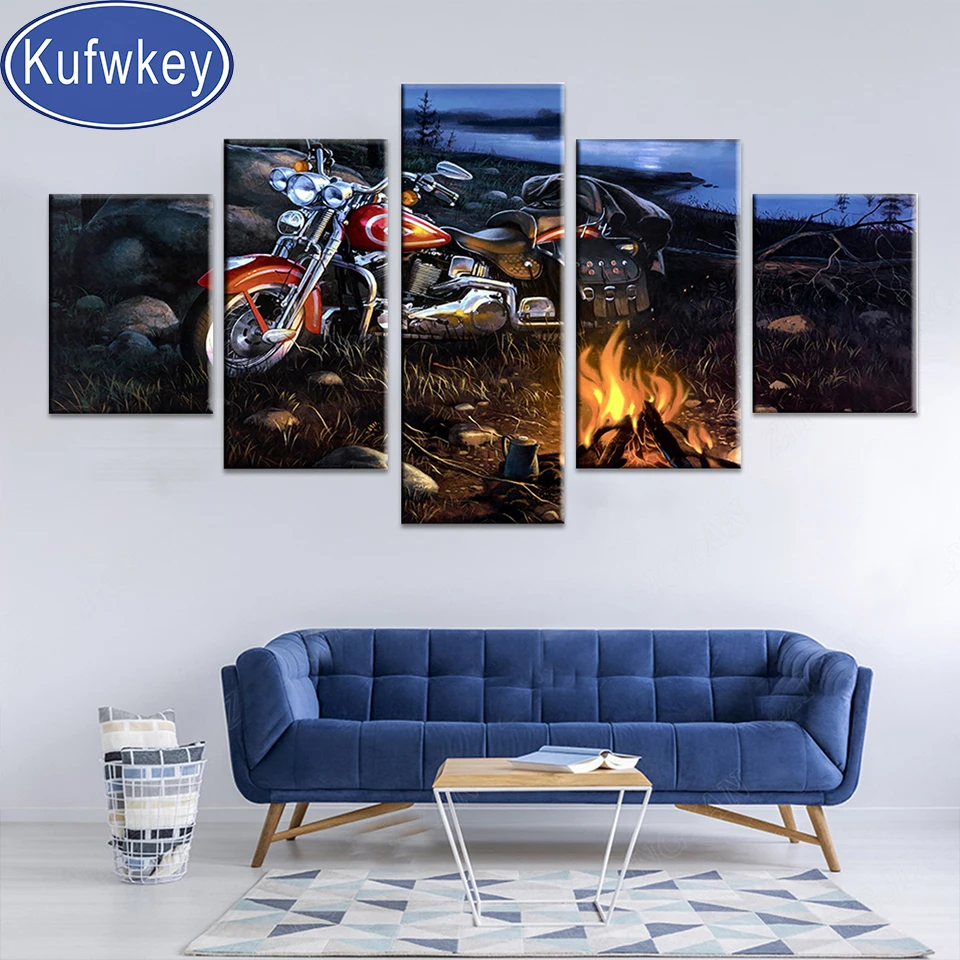 

5 Panel Motorcycle Bonfire Diamond Painting Full Square Round Diamant Painting 3d Cross Stitch Diamond Puzzle Pattern Landscape