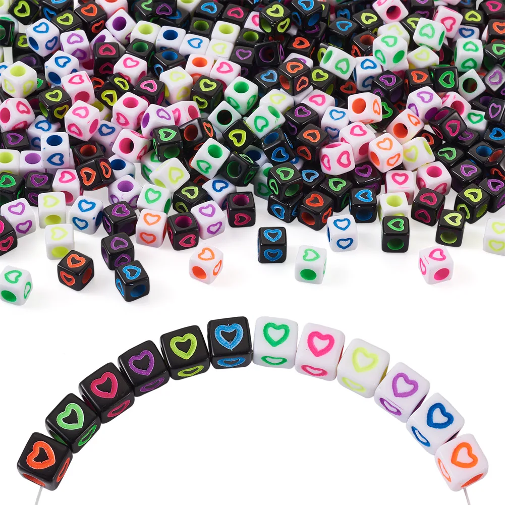 

1200Pcs 12 Colors Opaque Acrylic European Beads Large Hole Beads Cube with Heart Mixed Color 7x7x7mm Hole 4mm 100pcs/color