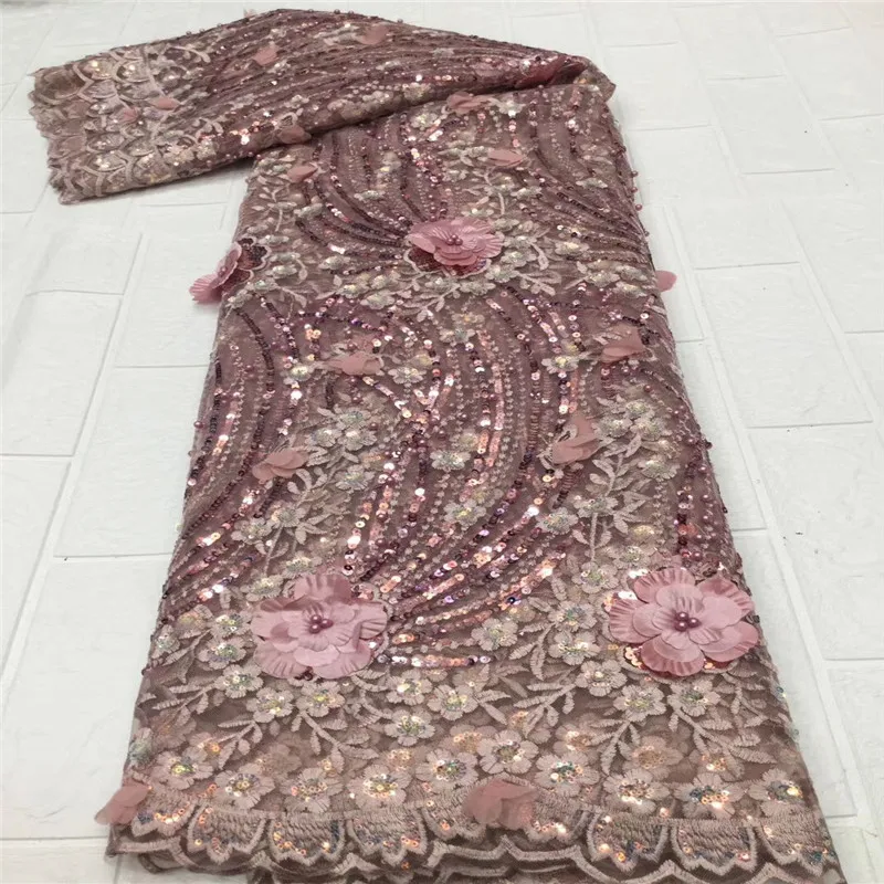 

African 3D Flower beads Lace Fabric 2021 High Quality Lace Material Nigerian French Lace Fabrics With Sequins For Wedding Dress
