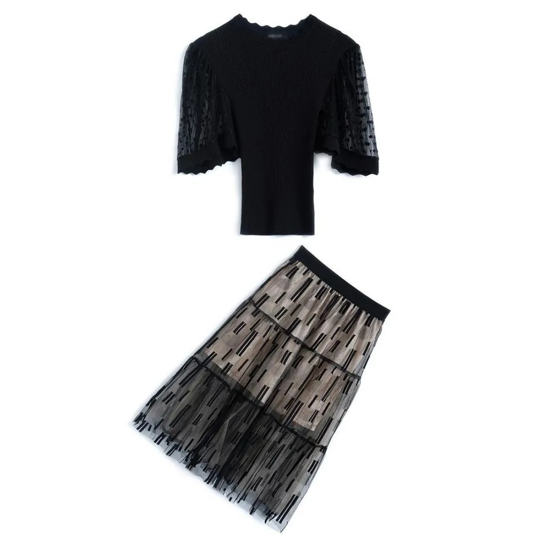 

2021 Summer Elegant Net Yarn Plus Size 2 Piece Set Women Suit Conjuntos De Mujer Skirt Set Conjunto Feminino Ensemble Femme