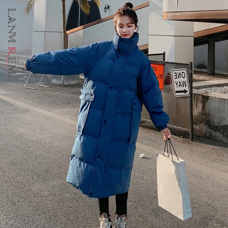 

LANMREM 2021 Winter New Solid Color Cotton Coat Female Long Sleeve Stand Collar Long Warm Coats Women Fashion Clothing 2W1253