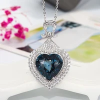 Heart Style Natural Blue Topaz Pendant of Women Necklace Christmas Date Love Gift Real 925 Silver Birthstone Center Of the Sea