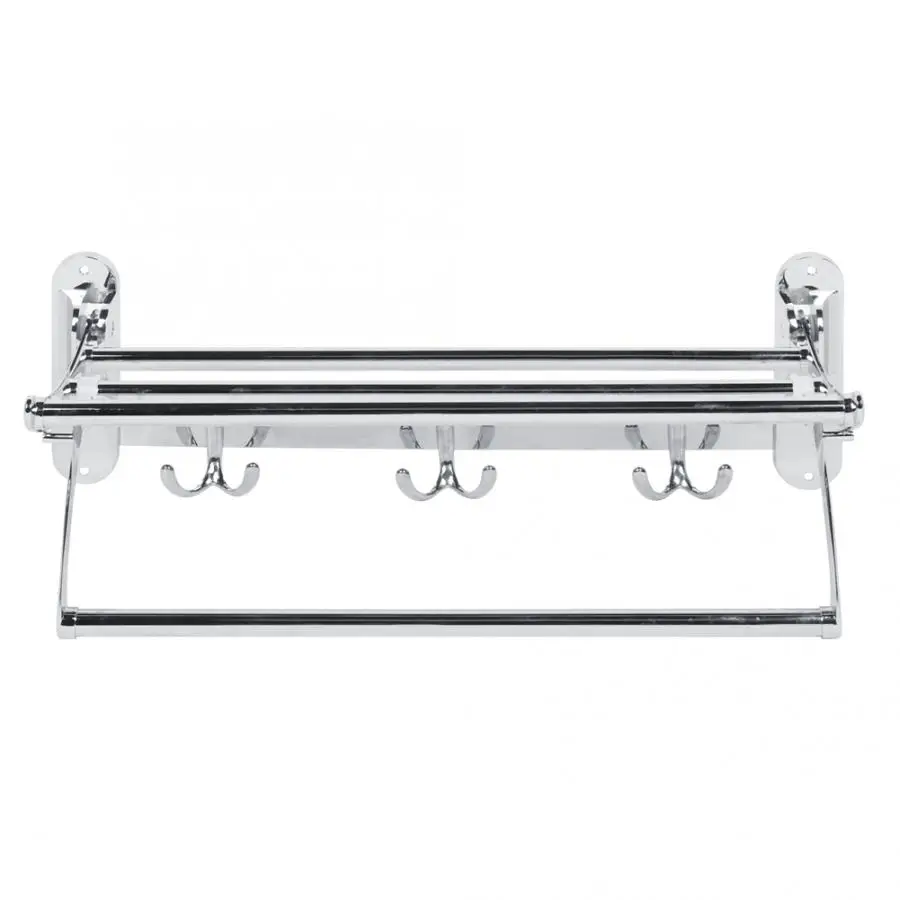 Держатель для полотенец настенный складной с полкой из нержавеющей стали для ванной комнаты с 3 крючками.