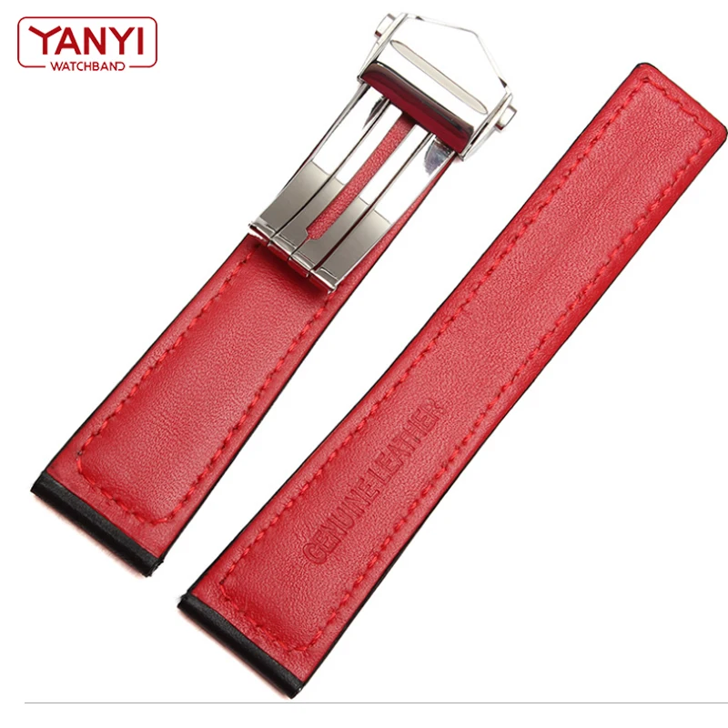 Genuine Leather Strap 22m for ta-g he-uer F1 watchband Red stitches wristwatches band fold buckle leather watch bracelet