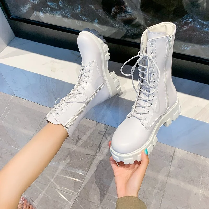 

2021 Women's Boots PU Leather White Ankle Boots Autumn Winter Motorcycle Boots Fashion Female Chunky Heel Platform Boots