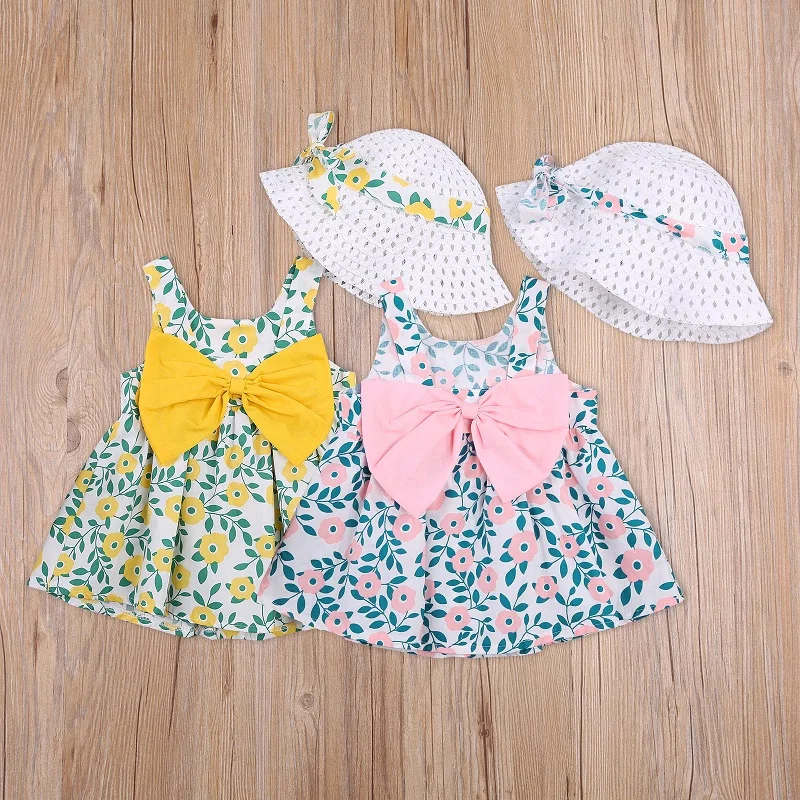 

2pcs Baby Girls Breathable Cotton Summer Casual Clothing Set Sleeveless Floral Dress+Hat Set for Children Baby Girl,6Month-3Year