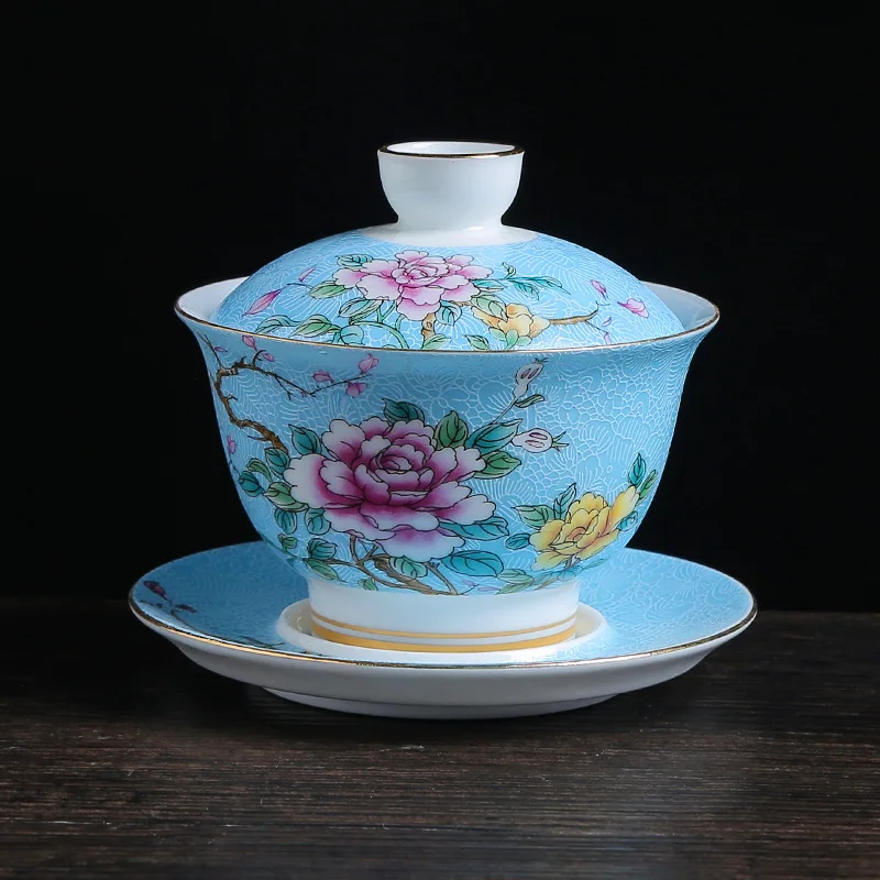 Blue Керамическая эмалированная цветная чайная чаша Gaiwan в китайском стиле Sancai, набор чайных чашек и блюдца, 150 мл, бытовой чайник - Цвет: Blue
