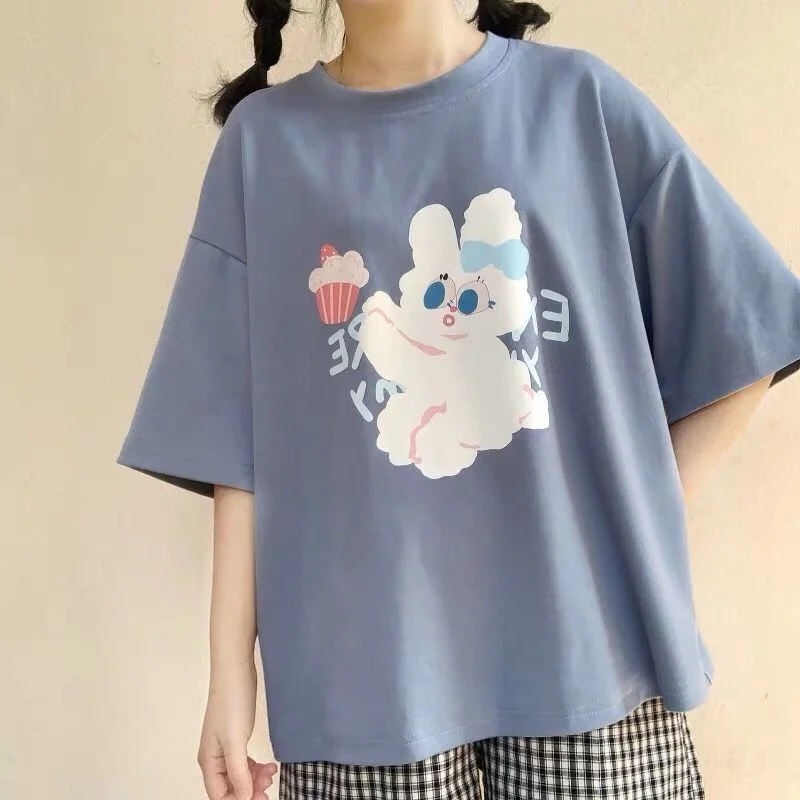 

QWEEK Anime T-shirt 2021 Summer Japanese Style Kawaii Cute Rabbit Print Green Top Woman Alt Clothes for Teenager All-match Kpop