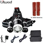 Прямая поставка, светодиодный налобный фонарь 12000k с 3 лампами, фонарик, фонарик с аккумулятором 18650, водонепроницаемый фонарь с 4 режимами