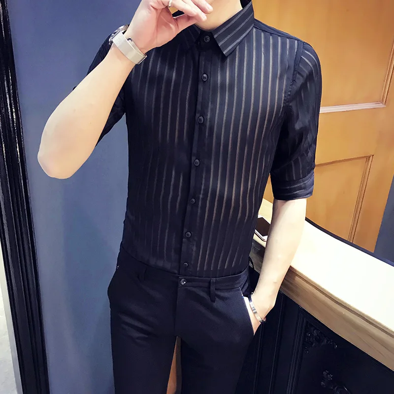 Рубашка мужская прозрачная пикантная модная сорочка с рукавом до локтя