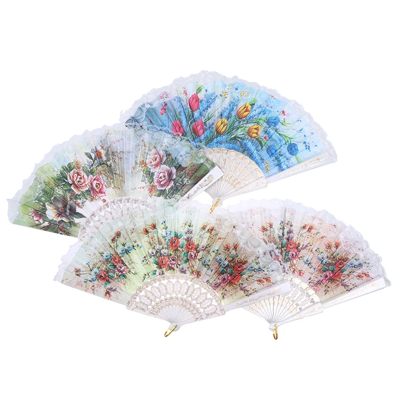 

Hot Sale Hollow Out Rib Peony Print Lace Trim Folding Fabric Hand Fan Colored