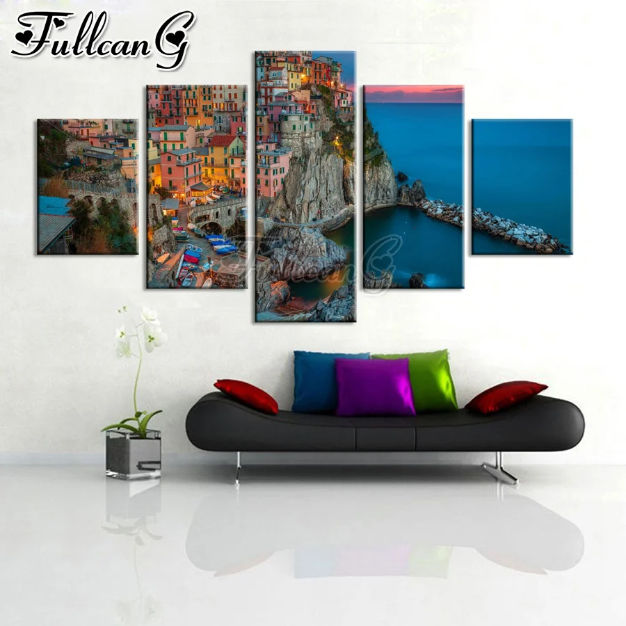 

FULLCANG Seaside town scenery 5 piece diy diamond painting full square round drill mosaic embroidery sale home decor FC3095