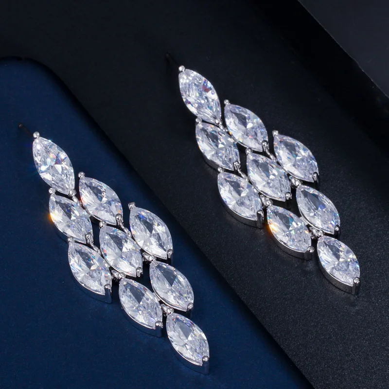 ThreeGraces великолепные огранки Marquise с фианитом длинные висячие свадебные серьги для