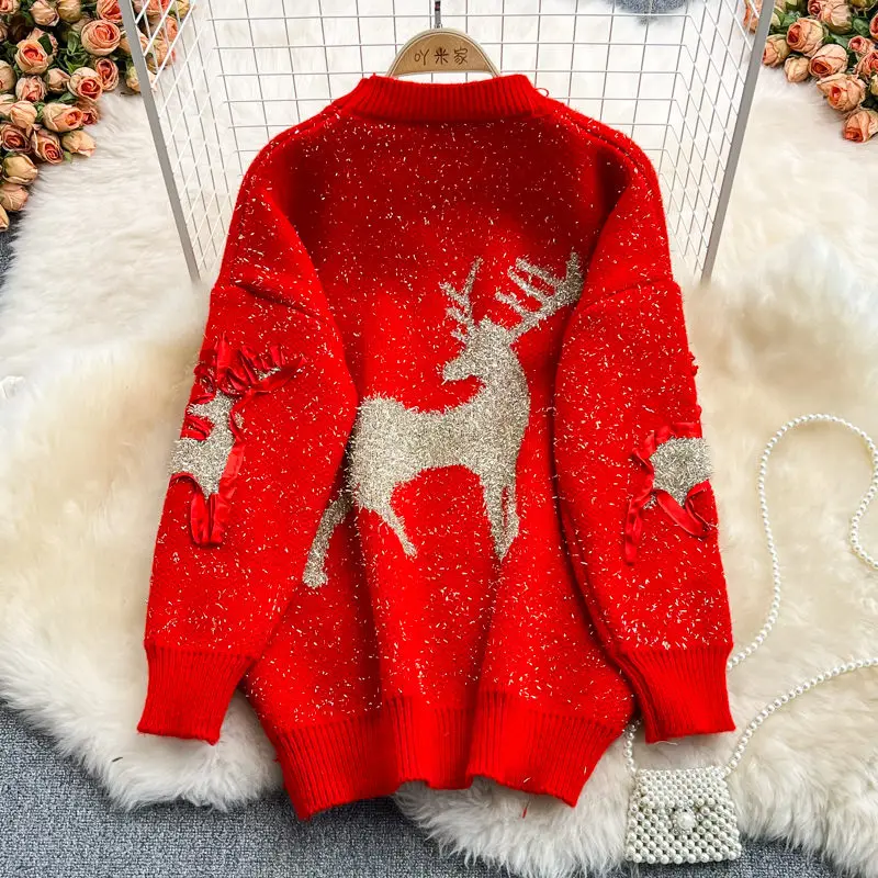 Свитер новинка зимы 2022 модный Рождественский Яркий шелковый Свободный Красный