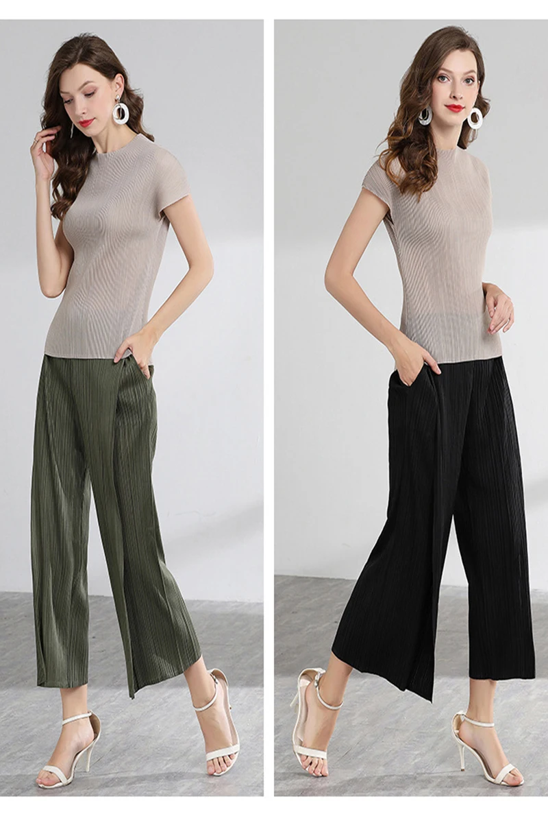 

Fashion Casual Loose Korean Office Ladies Trousers High Quality Black Double-forked Nine-point Pleated Pants Female Summer Pants