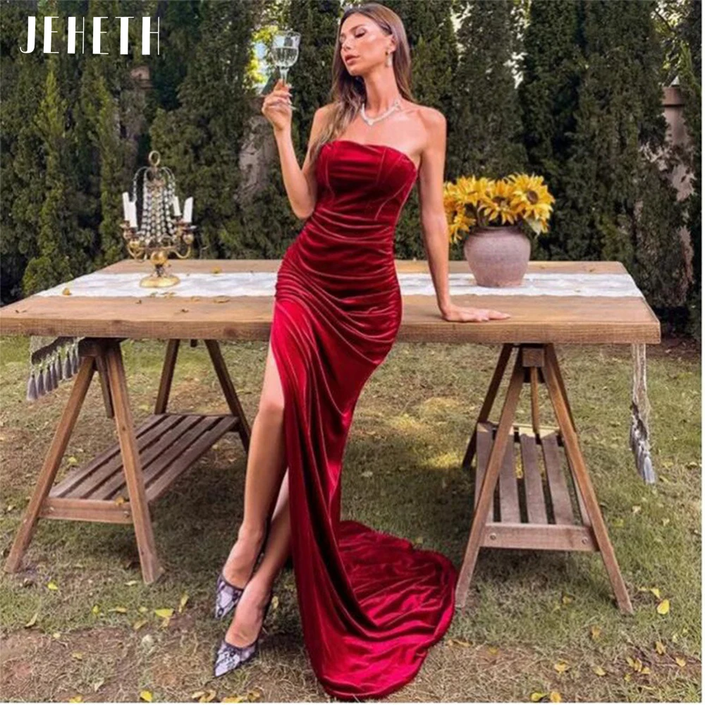 

JEHETH бархатное коктейльное платье с открытыми плечами, элегантное женское платье с высоким разрезом, вечерние платья, женское платье