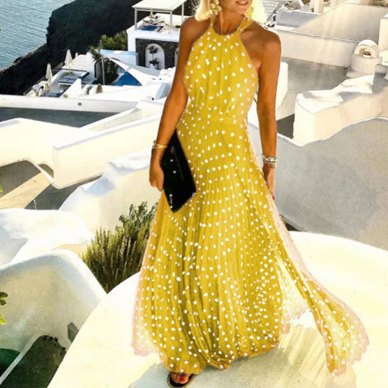 

Sexy Halter Print Pleated Long Dress Women O Neck Beach Holiday Maxi Dresses Summer Sleeveless Elegant Boho Party Dress 2021