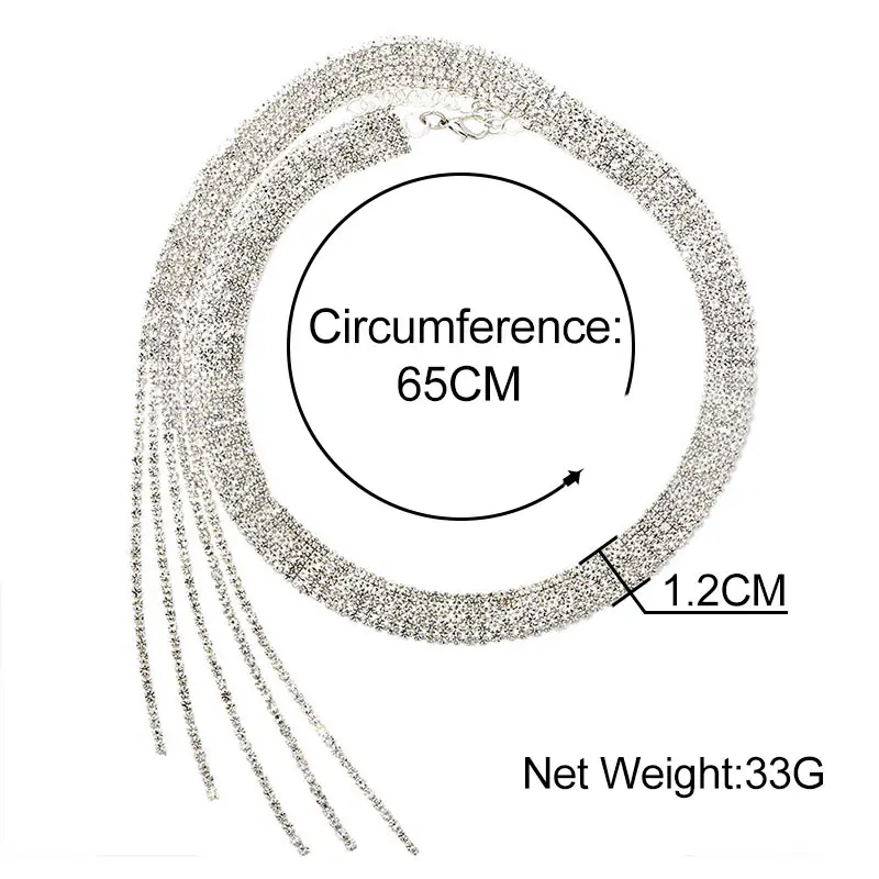 

Shiny Full Rhinestones Choker Necklaces for Women Silver Color Crystal Long Tassel Crystal Necklaces Luxury Wedding Jewelry Gift