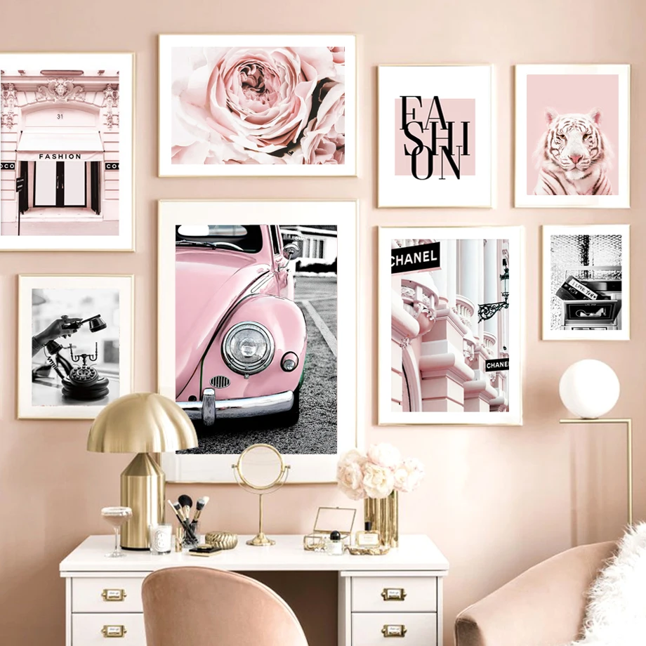 

Pink Fashion Peony Retro Car Phone Tape Girl's Vogue Nordic Style Wall Art Canvas Painting Posters and Prints Living Room Decor