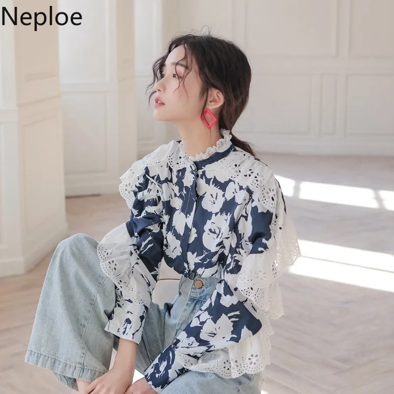 Neploe корейский стиль Instagram кружевная Лоскутная Блузка с воротником стойкой и