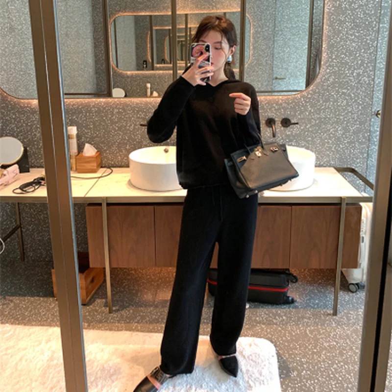 

2020 spring autumn knit sweater hooded women tracksuit long sleeve cashmere pullovers elastic pants suit sporting set