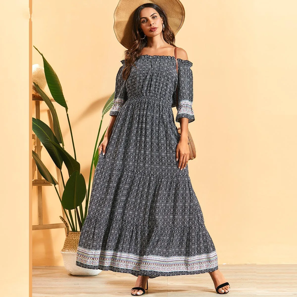 Женское пляжное платье без бретелек Boho длинное макси с принтом и высокой талией |