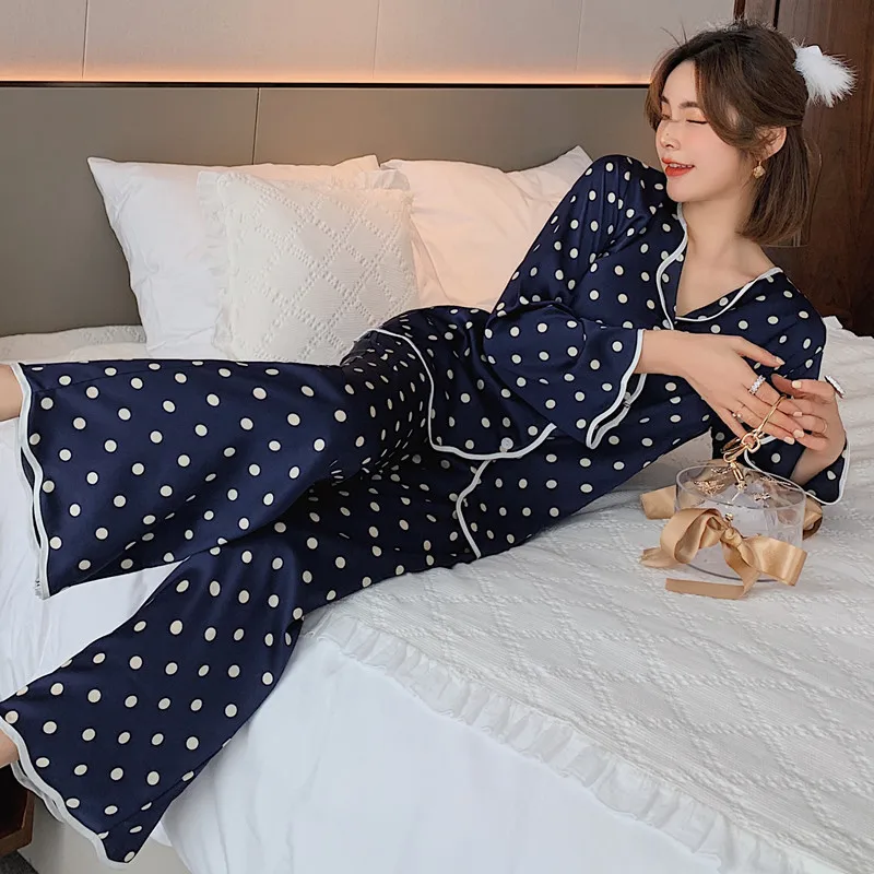 

Satin Casual Nightwear Long Sleeve Shirt&Pant 2PCS Pajamas Set Women Sleepwear Spring Summer Sleep Set Sexy Loose Home Wear