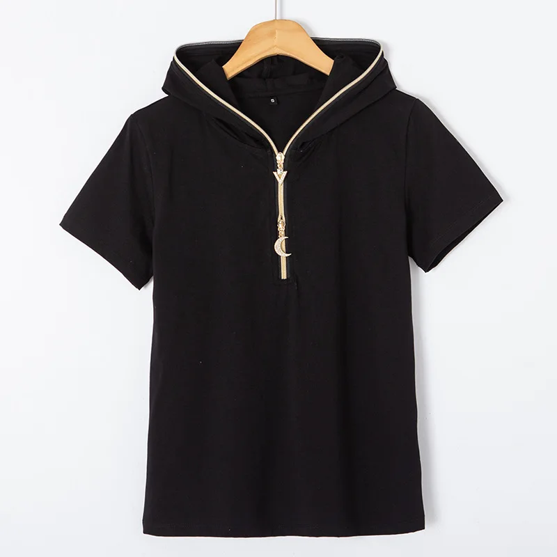 

Short sleeve T-shirt women's fashion women's 2021 hooded zipper solid color Korean version with slim hooded T-shirt 6703