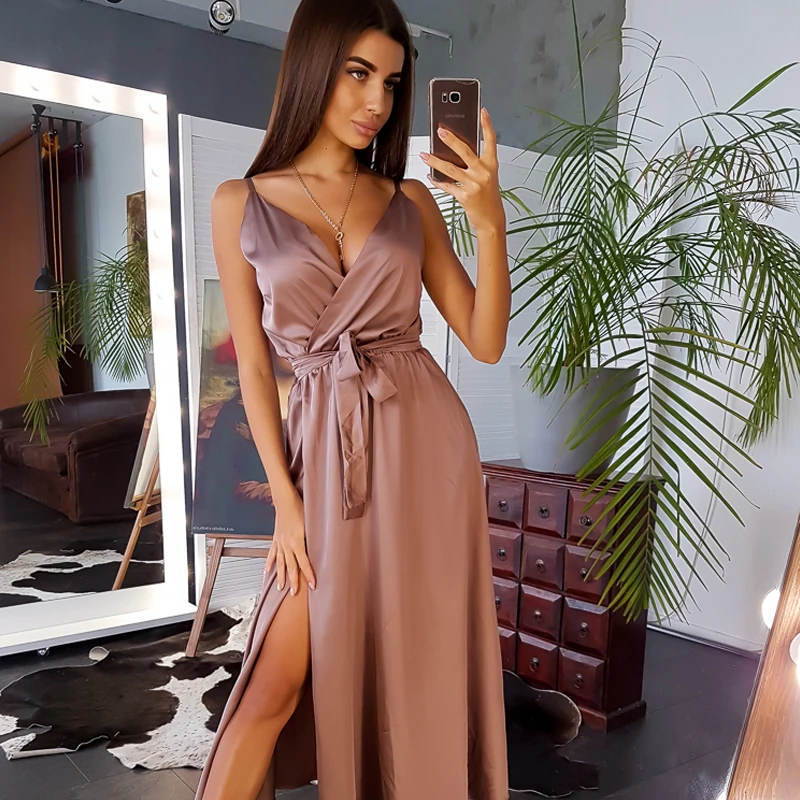 

Sexy Deep V-neck Spaghetti Strap Dresses Women Sleeveless High Waist Party Club Dress Solid Color Long Midi Dress New