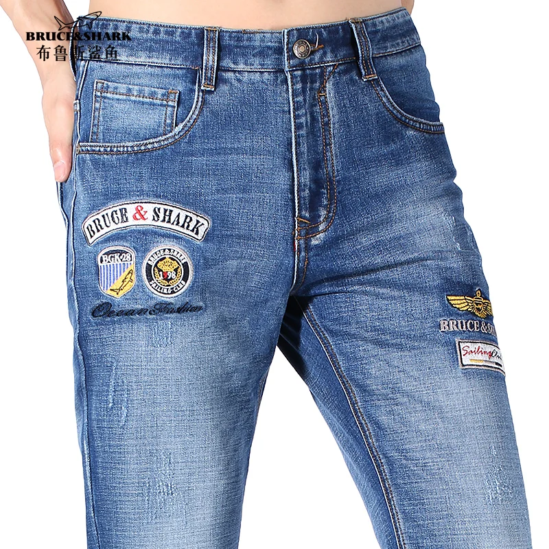 

New Winter Men Jeans Thicken Shark Fashion Casual Embroidery Stretch Straight Leg Loose Cotton Soften Men's Jeans мужские джин