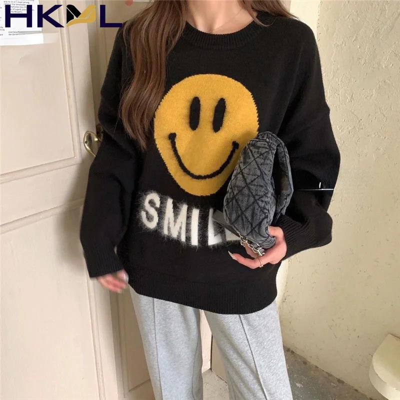 

2021 y2k women's autumn and winter fashion age reduction round neck bottoming sweater Smiling face lazy pullover sweater