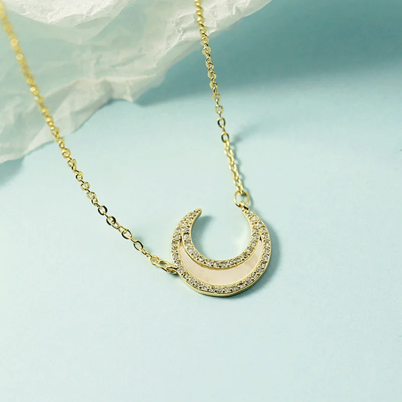 

925 Sterling Silver Shell Moon AAA + Zircon Chain Necklace Pendant For Woman Teenage Young Girl Jewelry Gift