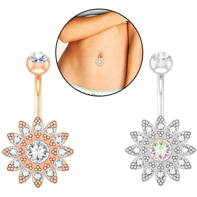 

Woman Sexy Body Piercing Dangling Accessories Stainless Steel Navel Rings Crystal Sun Flower Jewelry Women Belly Button Piercing