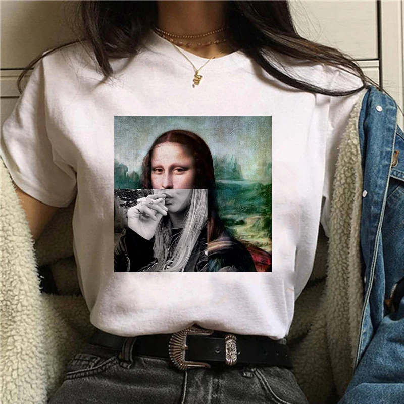 

Women Tshirt Monla Lisa Printing Ulzzang Aesthetic T-shirt Harajuku 2021 Summer White Drawing Short Sleeve O-neck Tops