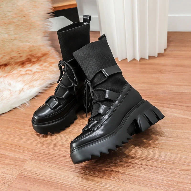 

DEEPTOWN Women's Boots Ankle Platform Fashion Sock Boot Shoes White Harajuku Punk Chunky Female Autumn Footwear Warm Lace