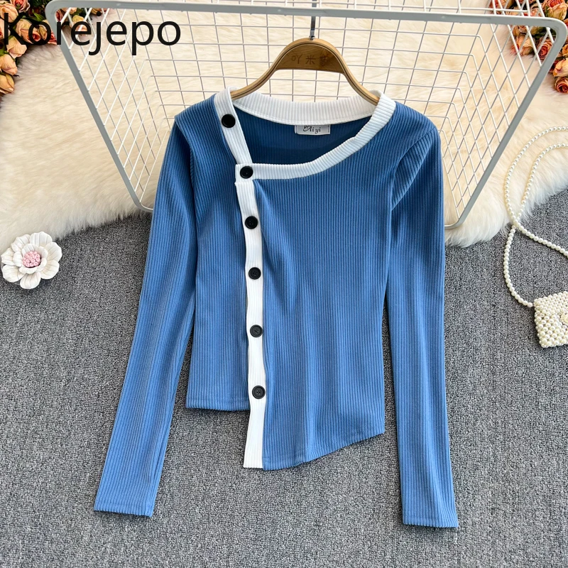 

Korejepo Irregular T-shirt Women Spring Antumn Color Blocking Slim 2022 New Single Breasted Diagonal Collar Thin Bottomed Top