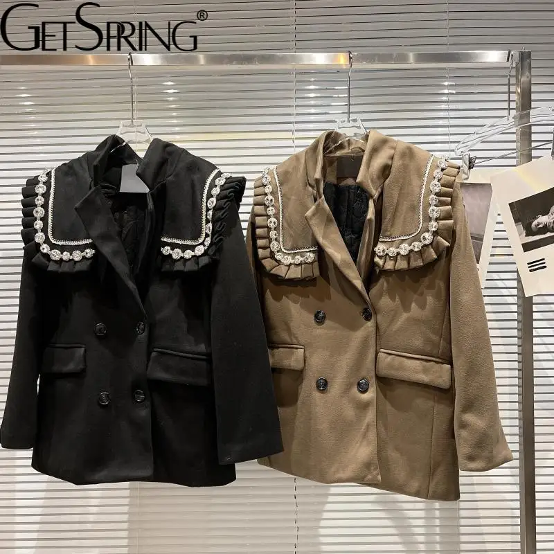 

GetSpring Женский блейзер Стразы с хлопковой подкладкой Женский костюм пальто с длинным рукавом двубортный свободный длинный жакет осень 2021 Но...
