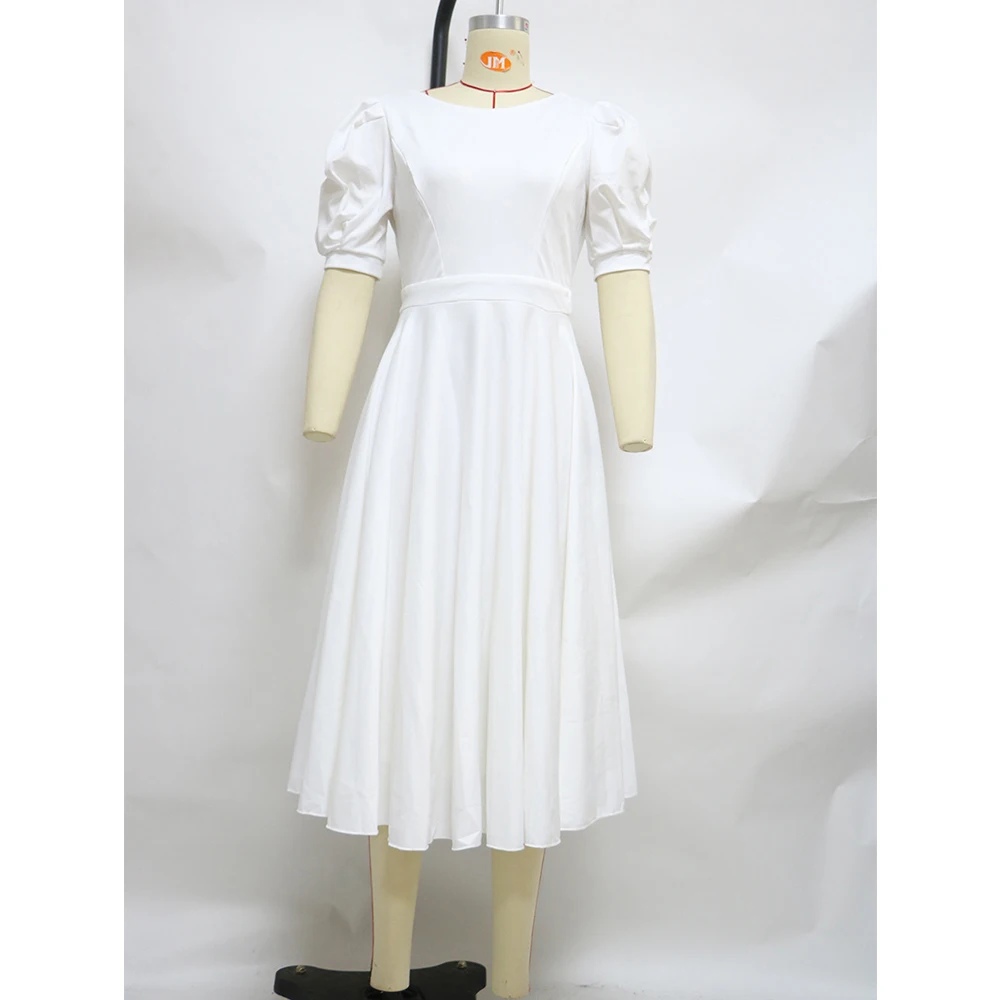 

Summer Dress Women 2021 Fashion Sexy Hollow Out Evening Party Dress White Puff Sleeve High Waist Slim Solid Ball Gown Dresses